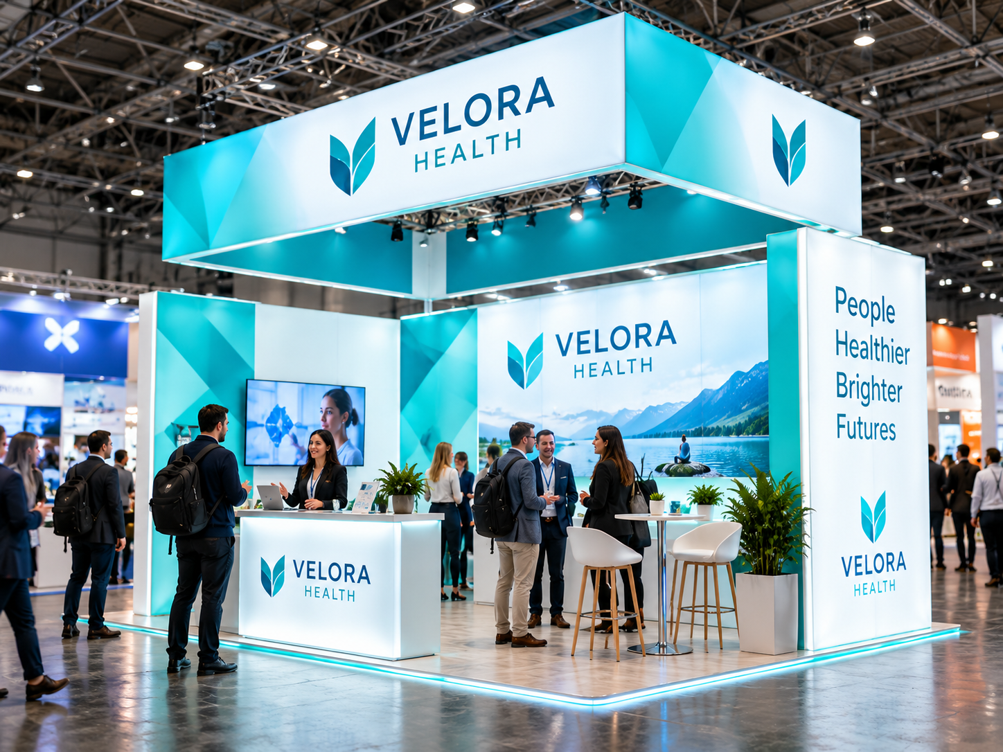 Illustrative illuminated lightbox stand concept for Velora Health
