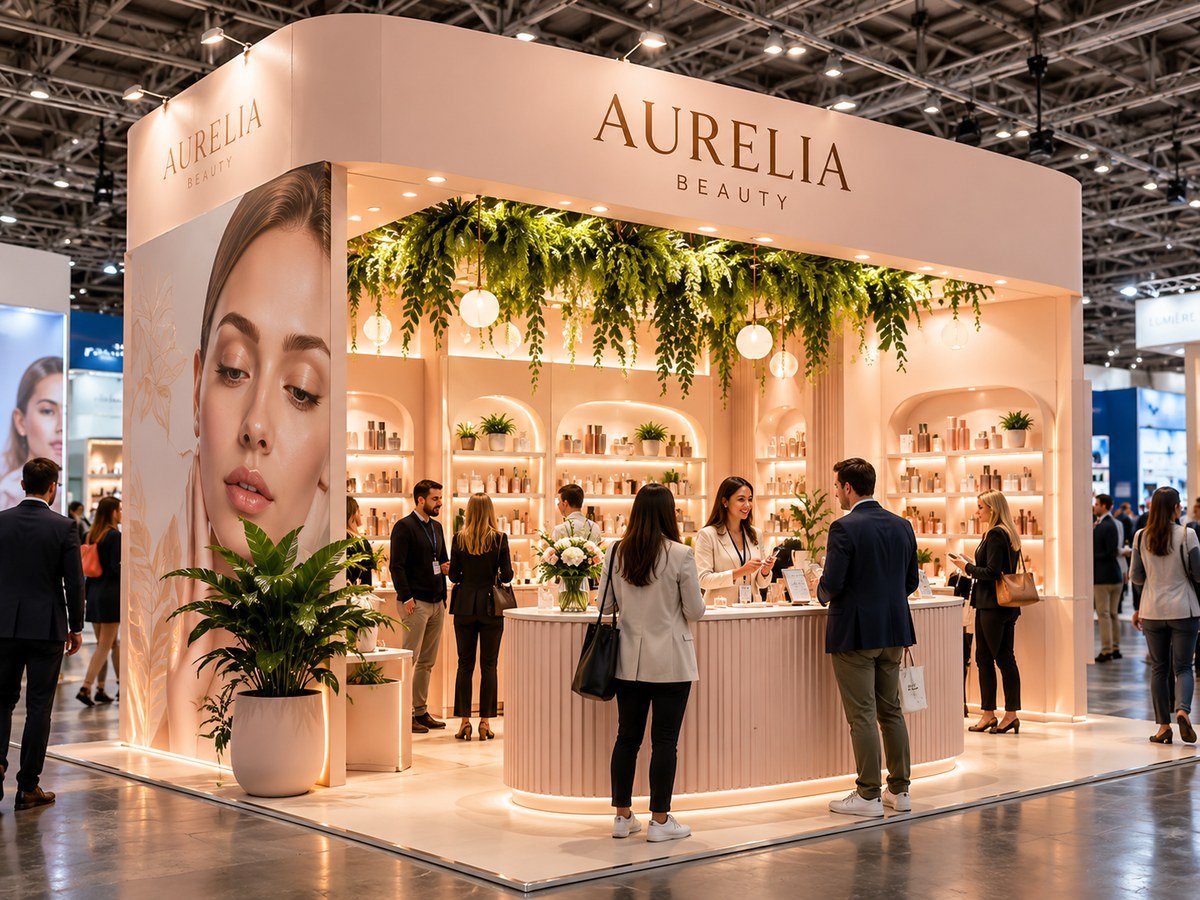Illustrative bespoke exhibition stand concept for Aurelia Beauty