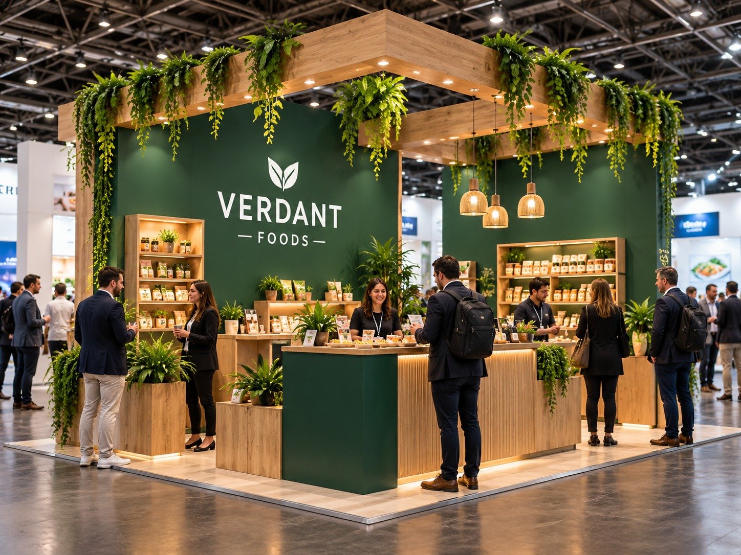 Green and timber exhibition stand design concept with hanging plants