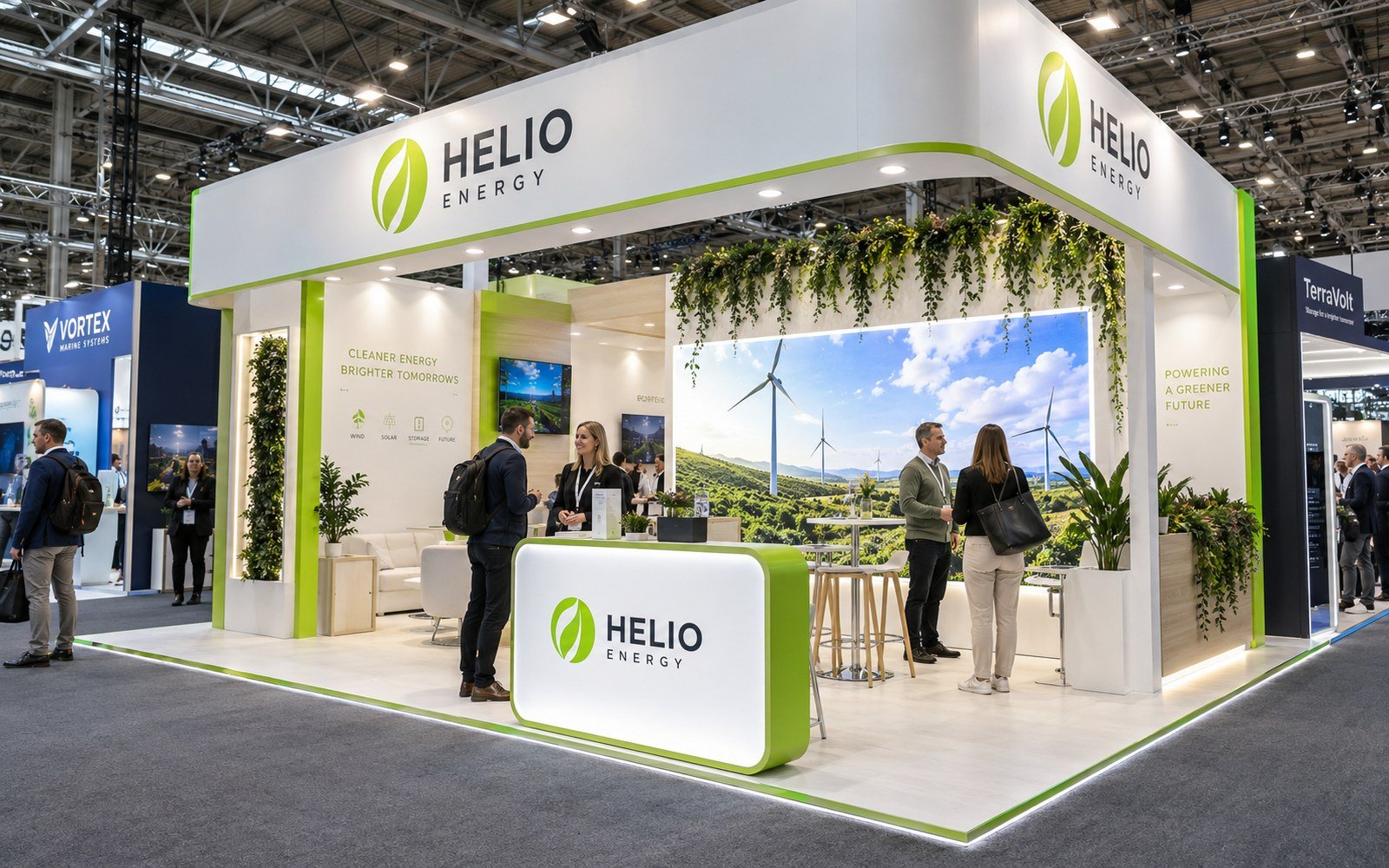 Illustrative Helio Energy exhibition stand concept with white and green branding and illuminated displays