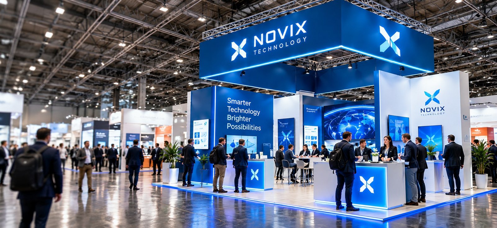 Illustrative blue and white technology exhibition stand concept in an exhibition hall