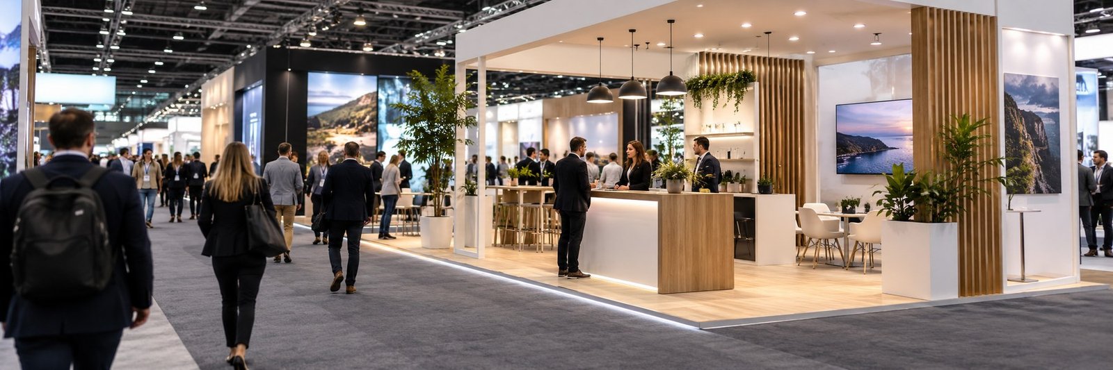 Visitors walking through an illustrative exhibition hall