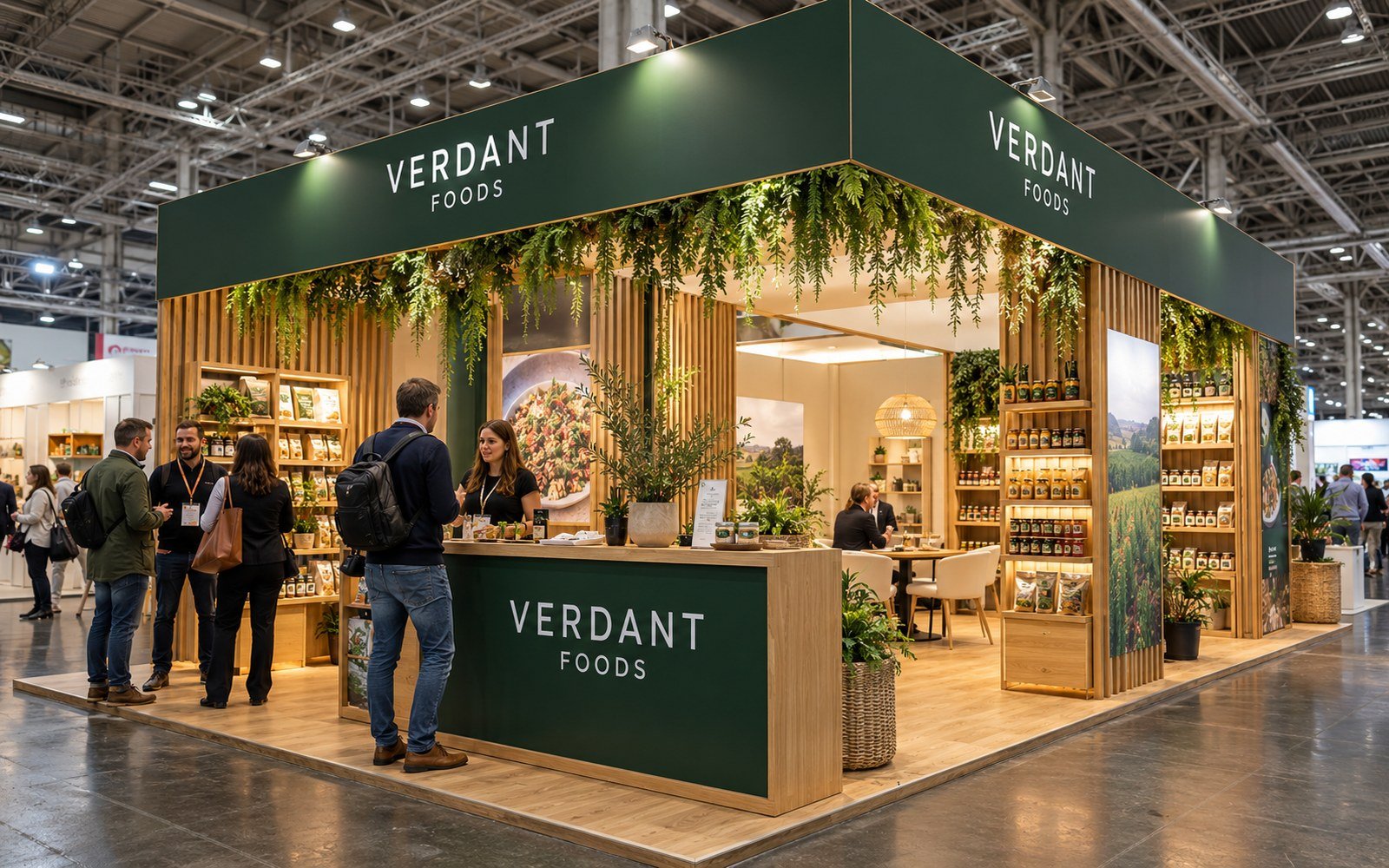 Illustrative Verdant Foods exhibition stand concept with green branding, timber finishes and product displays